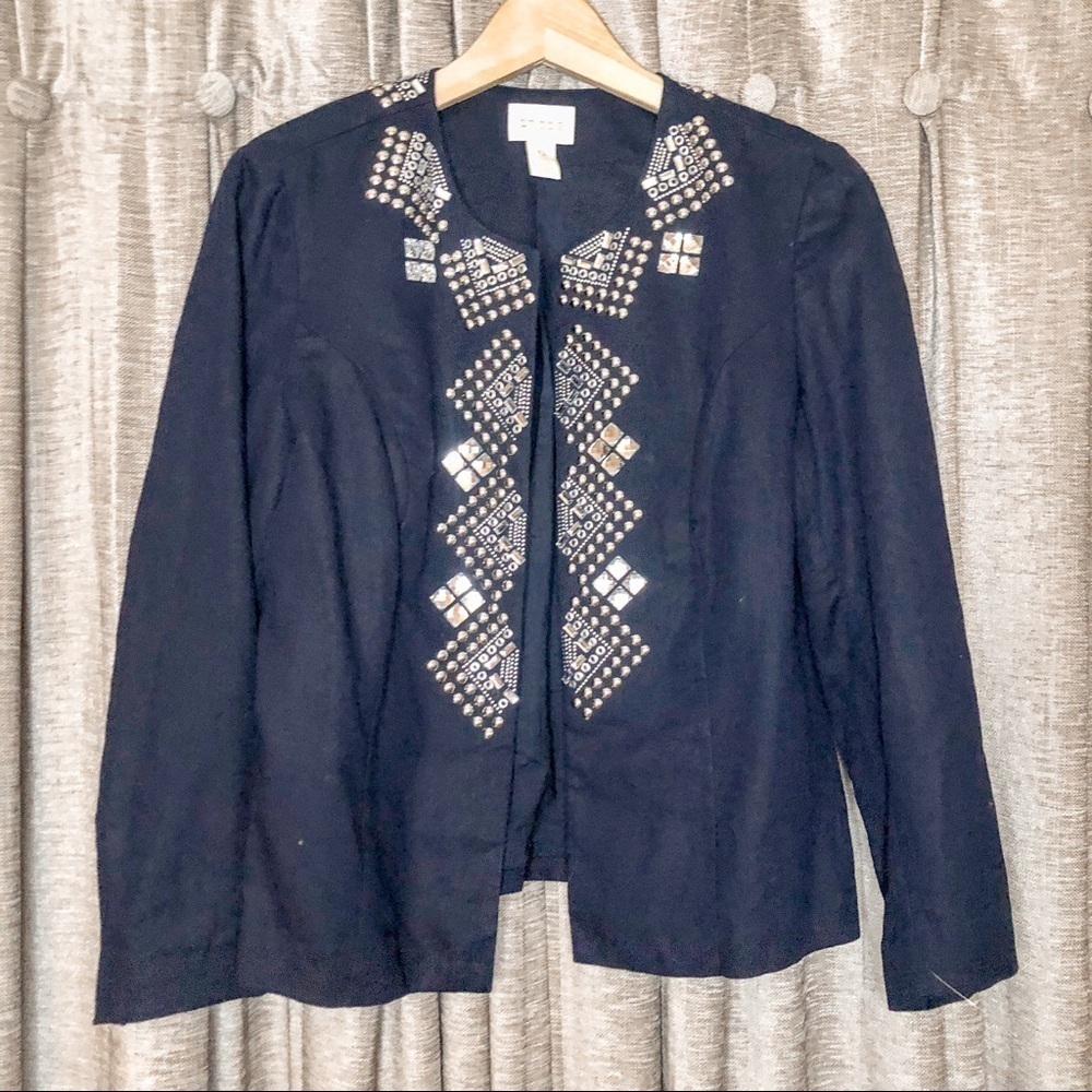 Chico’s Navy Blue Embellished Open Front Blazer